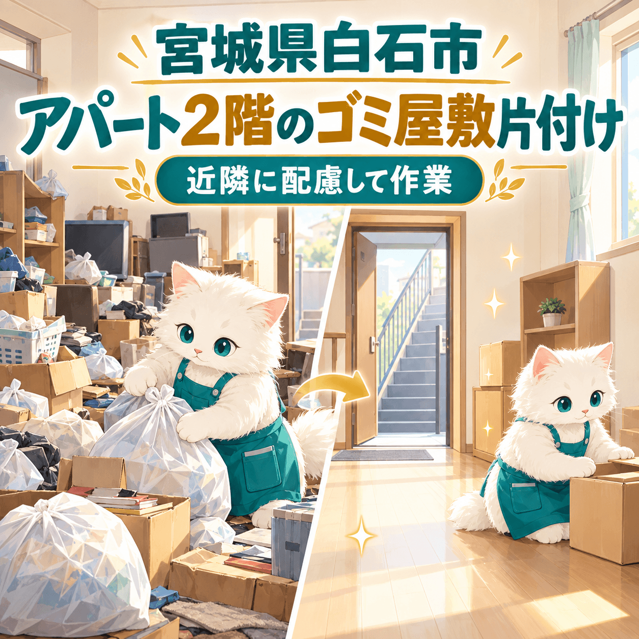 宮城県白石市のアパート2階で、近隣に配慮しながらゴミ屋敷を片付ける猫キャラクターのイラスト