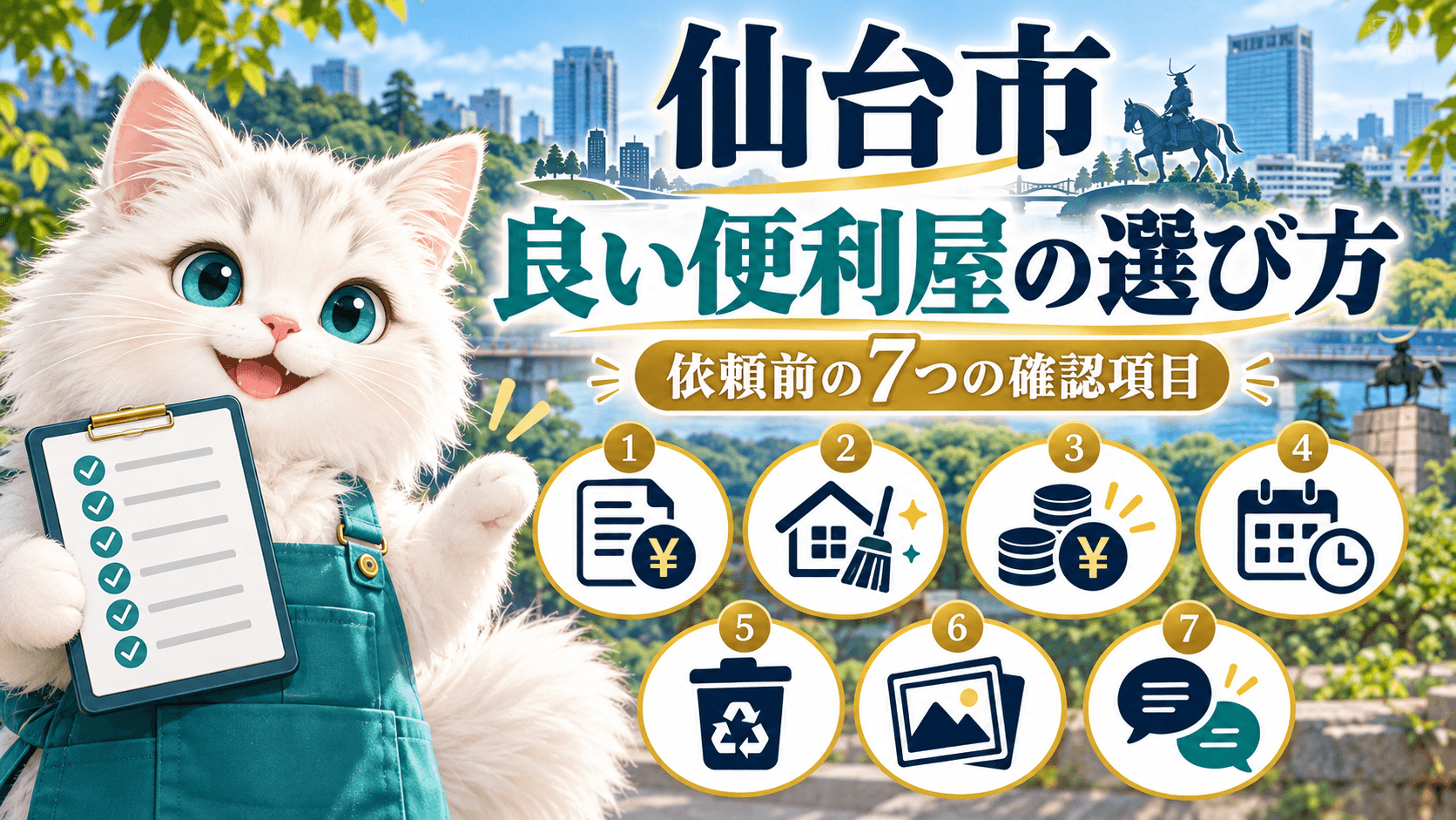 仙台市で良い便利屋を選ぶための7つの確認項目を、チェックリストを持った白い猫キャラクターとアイコンで表したイラスト